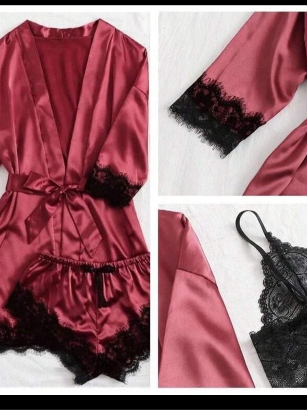 Lingerie honeymoon 4pc bridal Satin Lace Robe Shorts bralette panties set NWT - Picture 2 of 4